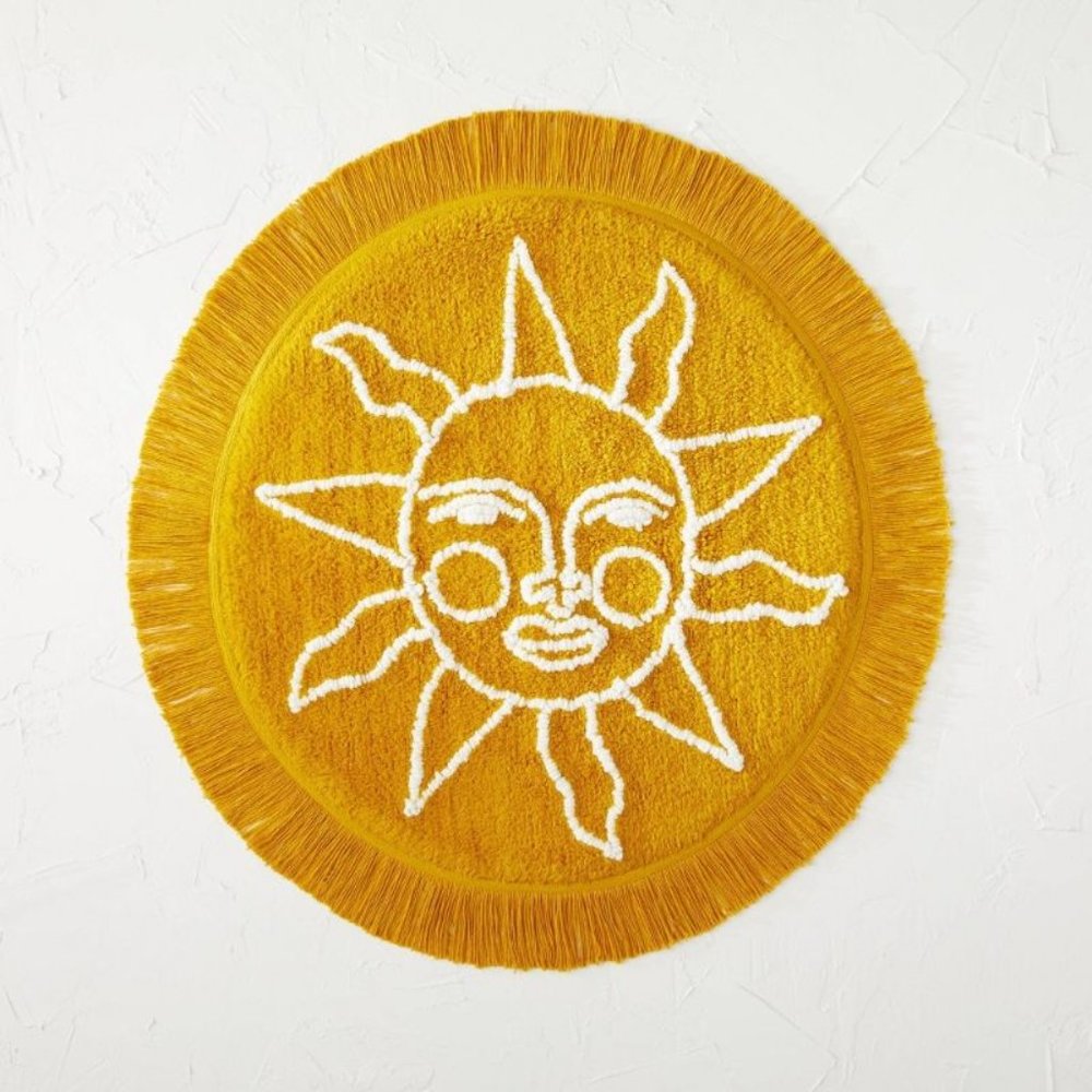 25" Round Tufted Sun Fringe Cotton Bath Rug Yellow
